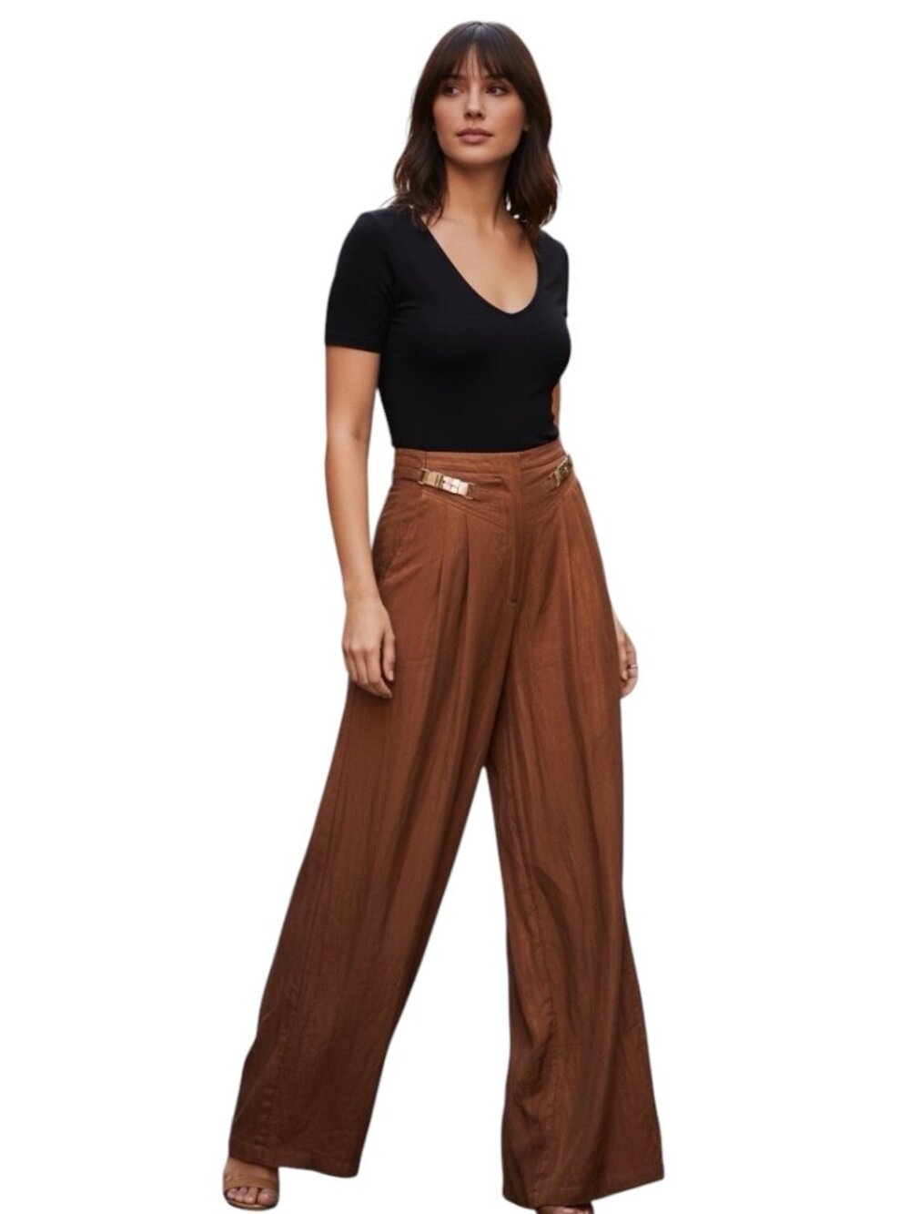 Cache Wide Leg Palazzo Pants Women's 8 Brown Metallic High Rise Dressy